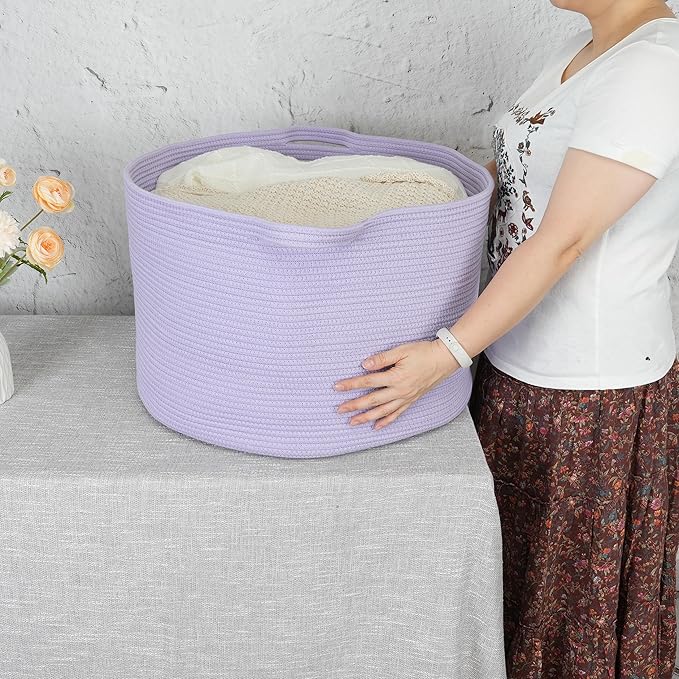 Large Cotton Rope Basket Blankets Basket Living Room 22"x14" Toy Basket for Kids Rope Storage Basket for Nursery Woven Laundry Basket for Clothes Baby Toy Storage round purple or Lavendor