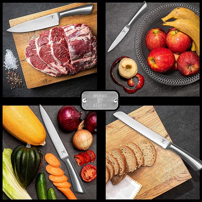 Moss & Stone Professional Kitchen Knife Chef Set, 6 Pcs Small Knife Set With Block, Premium Kitchen Knife Set Stainless Steel, Scratch Resistant & Rust Proof, Knife Block With Sharp Cooking Knives.
