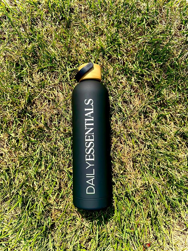 Daily Essentials Matte Black Stainless Steel Water Bottle With Bamboo Lid, 34 oz