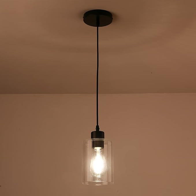 Modern Black Farmhouse Clear Glass Cylinder Pendant Light Fixture,Island Lights for Kitchen,Mini Pendant Lighting for Kitchen Island Decor - 4.75 Inch Shade, 2-58 Inch Cord(1 Pack)