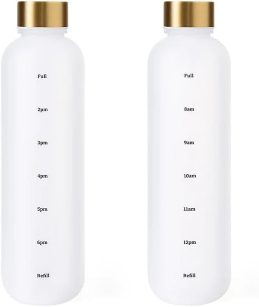 Fitness Sport Water Bottle with Carrying Strap 1000 ml / 32 oz With Time Marker Cute Motivational Water Bottles for Travel, Sports, Home, School,Gym,Yoga,Office-Multicolor (White)