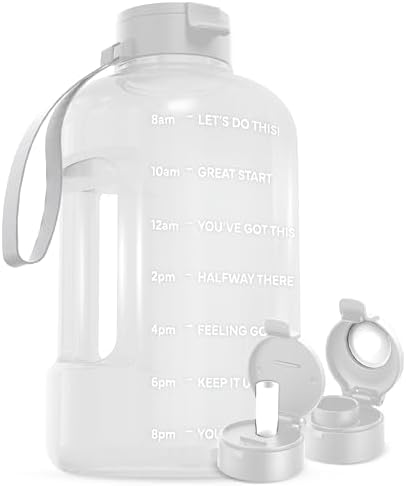 AQUAFIT 1 Gallon Water Bottle with Time Marker - BPA Free 128 oz Water Bottle with Straw, Gym Water Bottle with Handle, 1 Gallon Water Jug, Big Water Bottle, Large Water Bottle (White)