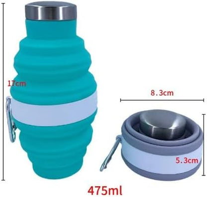 Collapsible Silicone Water Bottle with Carabiner, 475ml/17oz, BPA-Free, Leak-Proof, Lightweight & Durable for Travel, Gym, Camping (Grey)