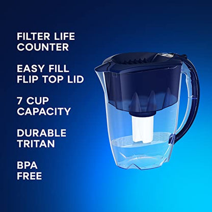 AQUAPHOR Ideal 7-Cup Water Filter Pitcher - Dark Blue with 1 x B15 Filter - Fits in The Fridge Door - Reduces Limescale and Chlorine - Ideal for Seven Cups