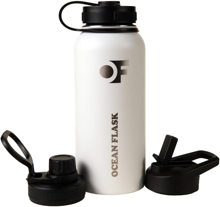 Sports Water Bottle - 32 Oz 3 Lids Straw Lid Leak Proof (Straw, Spout and Handle Lid)- Stainless Steel Sport and Gym, Travel Bottles for Men, Women -Insulated Thermos (Winter White)