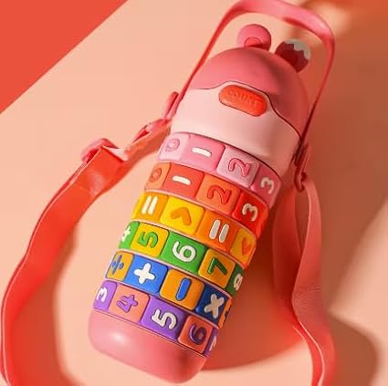 Numbers and Maths Symbols Design Kids' Water Bottle with Straw for School or Travel; 15oz (430ml) Stainless Steel water Bottle; Portable Handle with Detachable Buckle (Pink), CZMX-30031