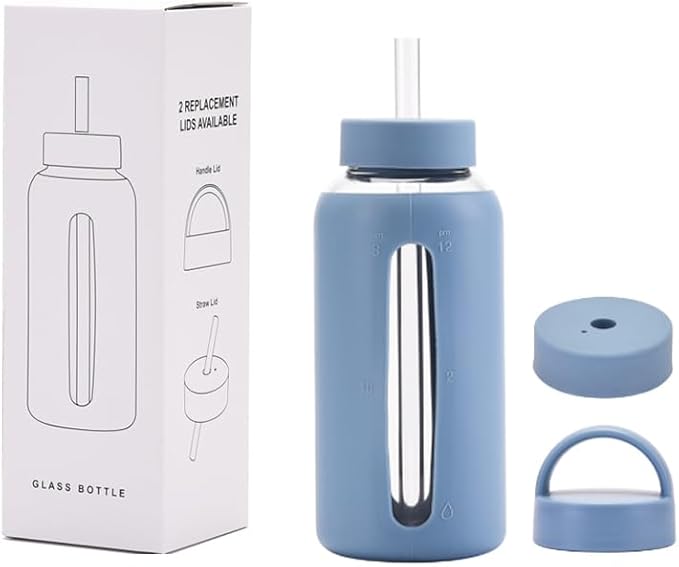 27 Oz Hydration Bottle,Minimalist Glass Water Bottle With Silicone Sleeve,Wide Mouth Opening With 2 Lids,Train Straws,Gift for Kids/Adults,Sport Glass Water Bottle for Gym/Yoga/Outdoor (Blue, 27 oz)