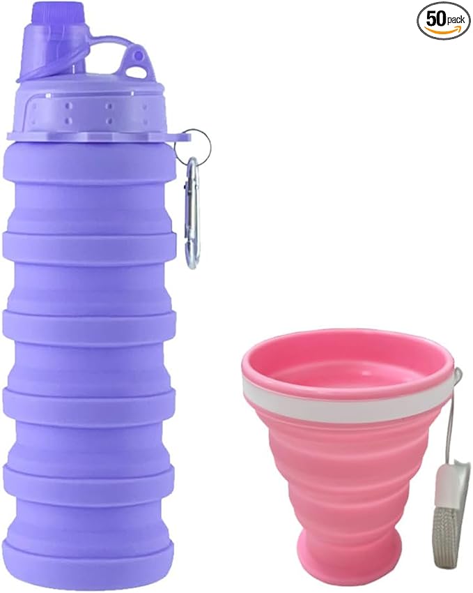 Collapsible Water Bottles 500 ml with silicone collapsible cup 200 ml.Travel Water Bottle Portable Hiking Water Bottle Reusable BPA Free Silicone Water Bottles. (Purple+Pink)