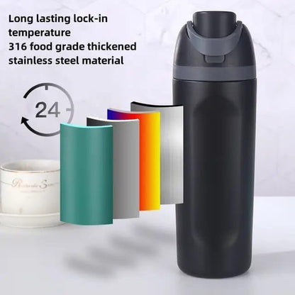 Leakproof Bpa Free - Stainless Steel Water Bottle with Straw, HAND GRIP and LID perfect for Travel, Sport, Gym and Outdoor Adventures.(20 Oz = 600 ml) (Black, 20 Oz)