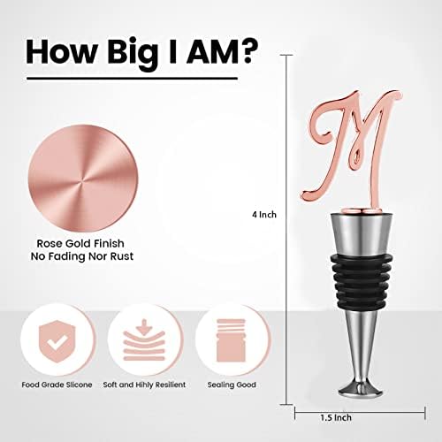 Monogram Wine and Beverage Bottle Stopper, Initial letter wine stoppers Decorative, Creative Wine Gift for Kitchen Bar Wedding Rose Gold Finish,Reusable, letter M