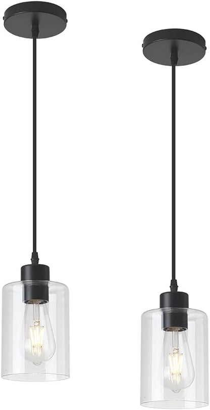 Modern Black Farmhouse Clear Glass Cylinder Pendant Light Fixture,Island Lights for Kitchen,Mini Pendant Lighting for Kitchen Island Decor - 4.75 Inch Shade 58 Inch Cord (Black 2 Pack)