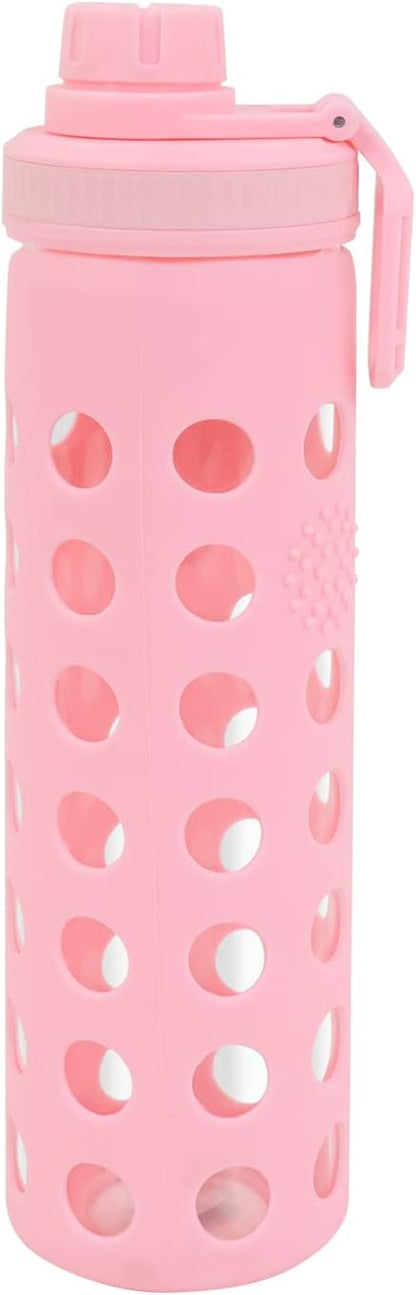 Modern-Depo 20oz Clear Glass Water Bottles Extra Lid Odor Proof and Stain Resistant Wide Mouth Reusable Fitness Sports Bottle with Sleeve, Motivational Water Jug, Pink