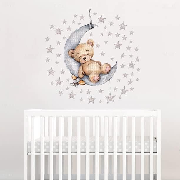 Teddy Bear Sleeping on The Moon and Star Wall Sticker for Kids Room Baby Room Nursery Interior Wall Decorative Kids Wall Sticker