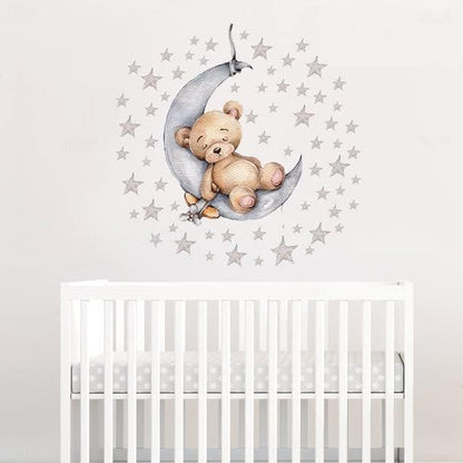 Teddy Bear Sleeping on The Moon and Star Wall Sticker for Kids Room Baby Room Nursery Interior Wall Decorative Kids Wall Sticker