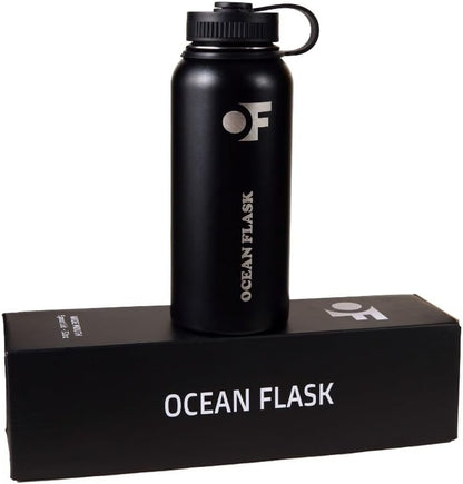 Sports Water Bottle - 32 Oz 3 Lids Straw Lid Leak Proof (Straw, Spout and Handle Lid)- Stainless Steel Sport and Gym, Travel Bottles for Men, Women -Insulated Thermos (Midnight Black)