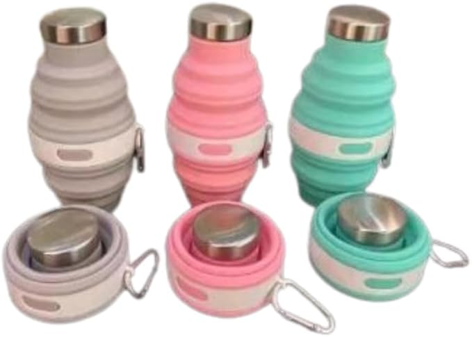 Collapsible Silicone Water Bottle with Carabiner, 475ml/17oz, BPA-Free, Leak-Proof, Lightweight & Durable for Travel, Gym, Camping (Pink)