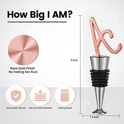 Monogram Wine and Beverage Bottle Stopper, Initial letter wine stoppers Decorative, Creative Wine Gift for Kitchen Bar Wedding Rose Gold Finish,Reusable, letter A