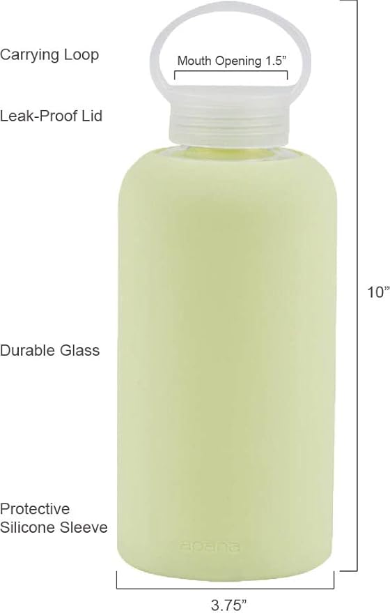 Apana Yoga Glass Water Bottles BPA Free Non Slip Sleeve Leak Proof Lid Reusable 32 Oz Sports Water Bottle Wide Mouth Lid Portable Hydration Tumbler