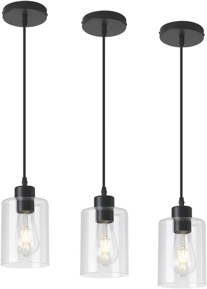 Modern Black Farmhouse Clear Glass Cylinder Pendant Light Fixture,Mini Pendant Lighting for Kitchen Island Decor - 4.75 Inch Shade, 2-58 Inch Cord (Black 3 Pack)