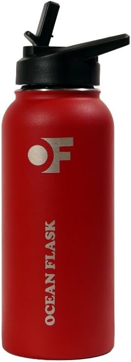 Sports Water Bottle - 32 Oz 3 Lids Straw Lid Leak Proof (Straw, Spout and Handle Lid)- Stainless Steel Sport and Gym, Travel Bottles for Men, Women -Insulated Thermos (Fire Red)