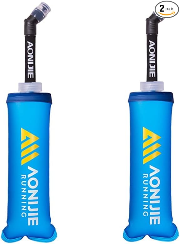 AONIJIE 2Pcs Collapsible Water Bottles, BPA-Free Soft Flask for Hydration Pack Foldable Easy to Carry (2 * 250ml with straw)