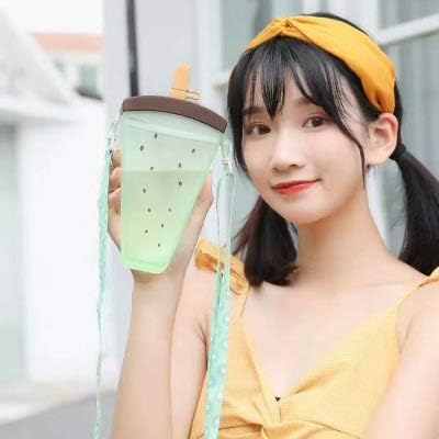 Ice Cream Kiwi Travel Cup with Straw Birthday Party Gift Picnic Ice Water Bottle Travel Mug with Strap (Ice Cream Kiwi, 320 ml)