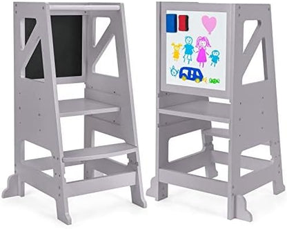 Toddler Step Stool - Toddler Tower with Message Boards & Safty Rail, Adjustable Height Learning Tower for Toddlers 1-3, Chalkboard and Whiteboard, Anti-Slip Protection,Wooden Toddler Counter (Grey)