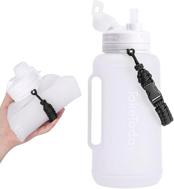 68 oz Collapsible Water Bottles With Straw, Half Gallon Water Bottle With Motivational Time Marker, Large Reusable Silicone Water Jug With Paracord Handle For Sports, Outdoors (White)