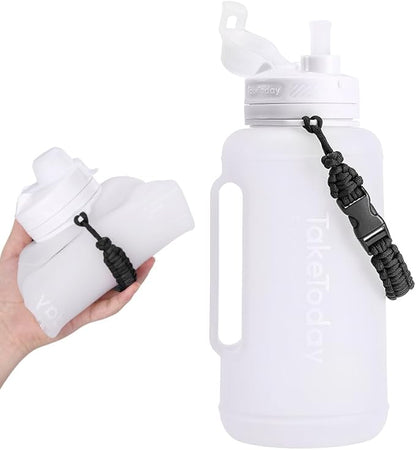 68 oz Collapsible Water Bottles With Straw, Half Gallon Water Bottle With Motivational Time Marker, Large Reusable Silicone Water Jug With Paracord Handle For Sports, Outdoors (White)