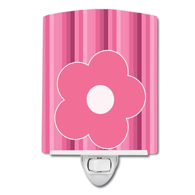 Caroline's Treasures BB8595CNL Pink Flower on Stripes Ceramic Night Light Compact, UL-Certified, Ideal for Bedroom, Bathroom, Nursery, Hallway, Kitchen, 6x4x3, Multicolor