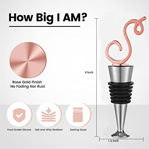 Monogram Wine and Beverage Bottle Stopper, Initial letter wine stoppers Decorative, Creative Wine Gift for Kitchen Bar Wedding Rose Gold Finish,Reusable, letter S