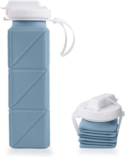 620ml Silicone Foldable Water Bottle with Straw Lid - Lightweight, Reusable, & Leakproof for Travel, Camping, Hiking, & Sports (BLUE)