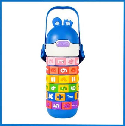 Numbers and Maths Symbols Design Kids' Water Bottle with Straw for School or Travel; 15oz (430ml) Stainless Steel water Bottle; Portable Handle with Detachable Buckle (Blue), CZMX-30031