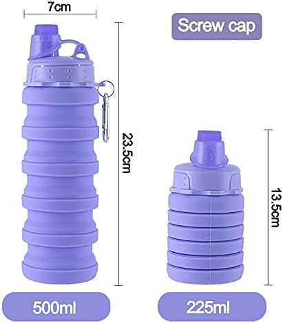 Collapsible Water Bottles 500 ml with silicone collapsible cup 200 ml.Travel Water Bottle Portable Hiking Water Bottle Reusable BPA Free Silicone Water Bottles. (Purple+Pink)