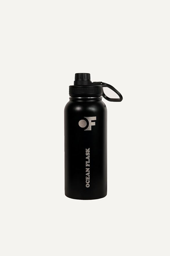 Sports Water Bottle - 32 Oz 3 Lids Straw Lid Leak Proof (Straw, Spout and Handle Lid)- Stainless Steel Sport and Gym, Travel Bottles for Men, Women -Insulated Thermos (Midnight Black)