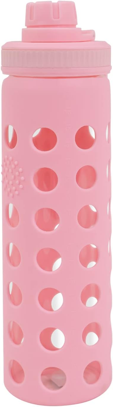 Modern-Depo 20oz Clear Glass Water Bottles Extra Lid Odor Proof and Stain Resistant Wide Mouth Reusable Fitness Sports Bottle with Sleeve, Motivational Water Jug, Pink