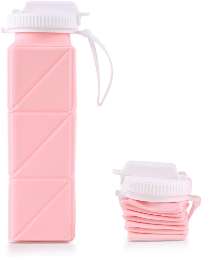 620ml Silicone Foldable Water Bottle with Straw Lid - Lightweight, Reusable, & Leakproof for Travel, Camping, Hiking, & Sports (PINK)