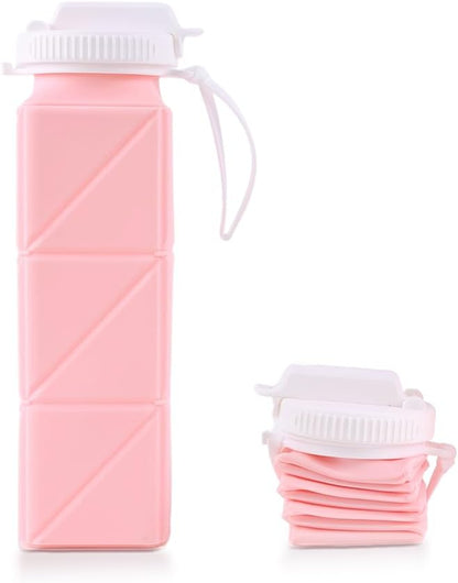 620ml Silicone Foldable Water Bottle with Straw Lid - Lightweight, Reusable, & Leakproof for Travel, Camping, Hiking, & Sports (PINK)