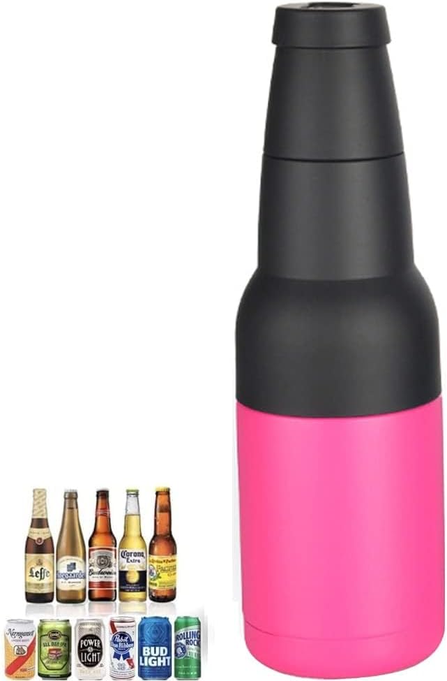 3 in 1 Beer Bottle and Can Cooler, Vacuum Insulated Double Walled Stainless Steel Cooler with Beer Opener, 12 oz Slim Can Insulator Holder (Rose red)