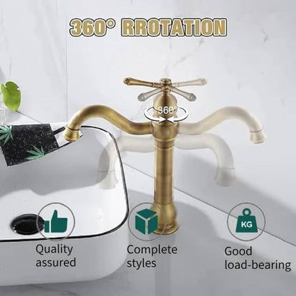 Antique Brass Single Handle Bathroom Sink Faucet, Faucet with Pop Up Drain Tall Spout Single Hole 360° Swivel Hot Cold Water Gold