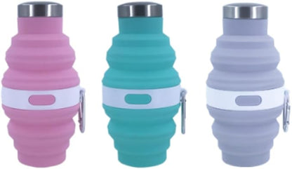 Collapsible Silicone Water Bottle with Carabiner, 475ml/17oz, BPA-Free, Leak-Proof, Lightweight & Durable for Travel, Gym, Camping (Pink)