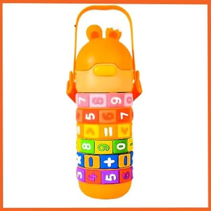 Numbers and Maths Symbols Design Kids' Water Bottle with Straw for School or Travel; 15oz (430ml) Stainless Steel water Bottle; Portable Handle with Detachable Buckle (Orange), CZMX-30031