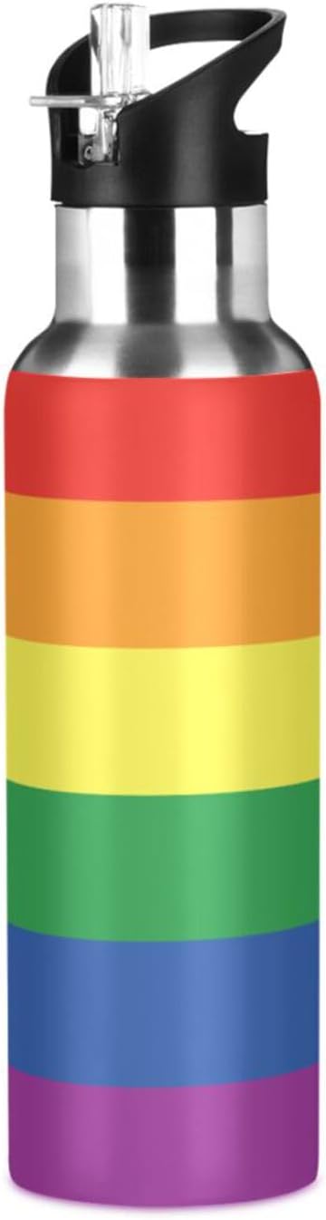20oz Gay LGBT Rainbow Pride Flag Sports Water Bottle,Double Wall Vacuum Insulated Stainless Steel Lesbian Water Bottle with Straw Keeps Hot＆ Cold, Bike Running Travel Pride Day Month Gifts