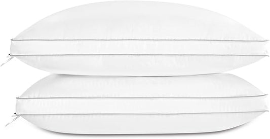 Globon Luxury Feather Down Pillow, Low Soft Fluffy Pillow Standard Queen Size, Gusseted Bed Pillows for Sleeping, Hotel Collection Pillows 18"X26", Set of 2