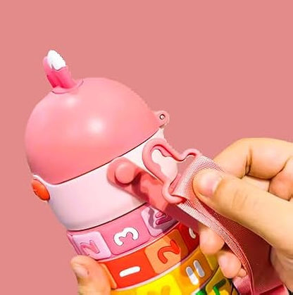 Numbers and Maths Symbols Design Kids' Water Bottle with Straw for School or Travel; 15oz (430ml) Stainless Steel water Bottle; Portable Handle with Detachable Buckle (Pink), CZMX-30031