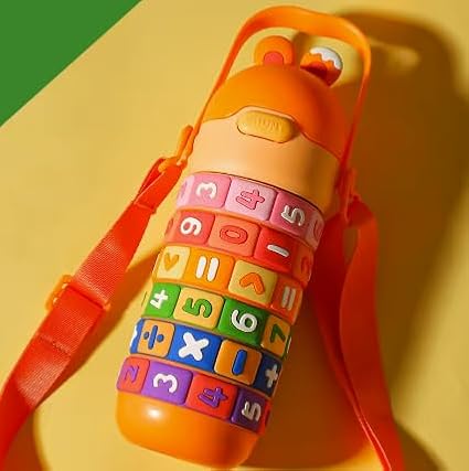 Numbers and Maths Symbols Design Kids' Water Bottle with Straw for School or Travel; 15oz (430ml) Stainless Steel water Bottle; Portable Handle with Detachable Buckle (Orange), CZMX-30031