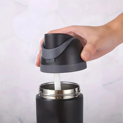 Leakproof Bpa Free - Stainless Steel Water Bottle with Straw, HAND GRIP and LID perfect for Travel, Sport, Gym and Outdoor Adventures.(20 Oz = 600 ml) (Black, 20 Oz)