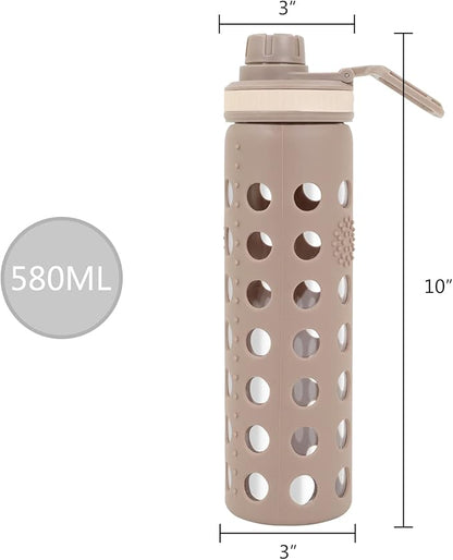 Modern-Depo 20oz Clear Glass Water Bottles Extra Lid Odor Proof and Stain Resistant Wide Mouth Reusable Fitness Sports Bottle with Sleeve, Motivational Water Jug, Smoking