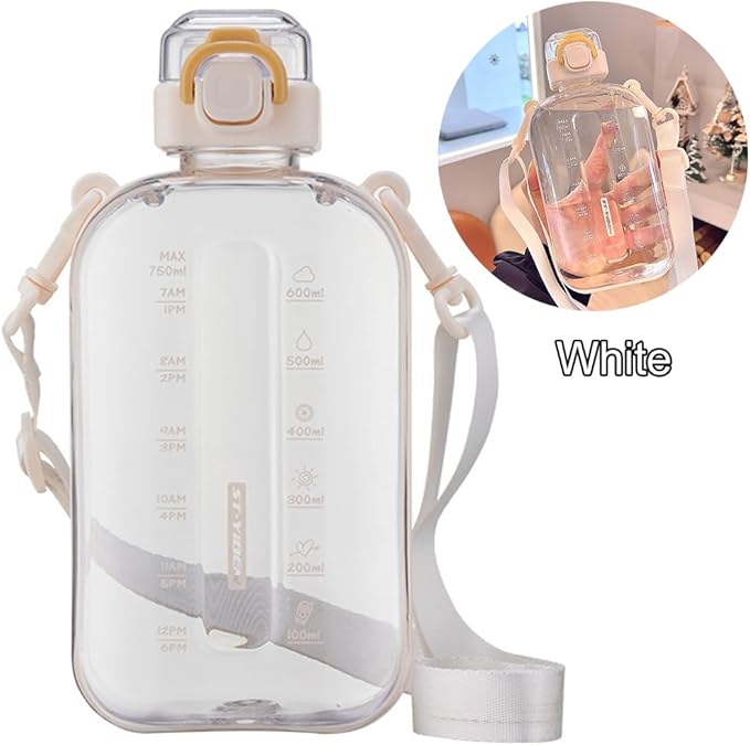 750ML Square Transparent Water Bottle, Cute Sports Water Jug with Adjustable Strap, Portable Motivational Water Bolttles for Travel, Hiking and Outdoor Workouts