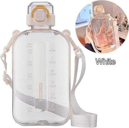 750ML Square Transparent Water Bottle, Cute Sports Water Jug with Adjustable Strap, Portable Motivational Water Bolttles for Travel, Hiking and Outdoor Workouts